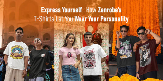 Person wearing a Zenrobe oversized T-shirt in a creative urban setting, showcasing bold colors and relaxed fit.