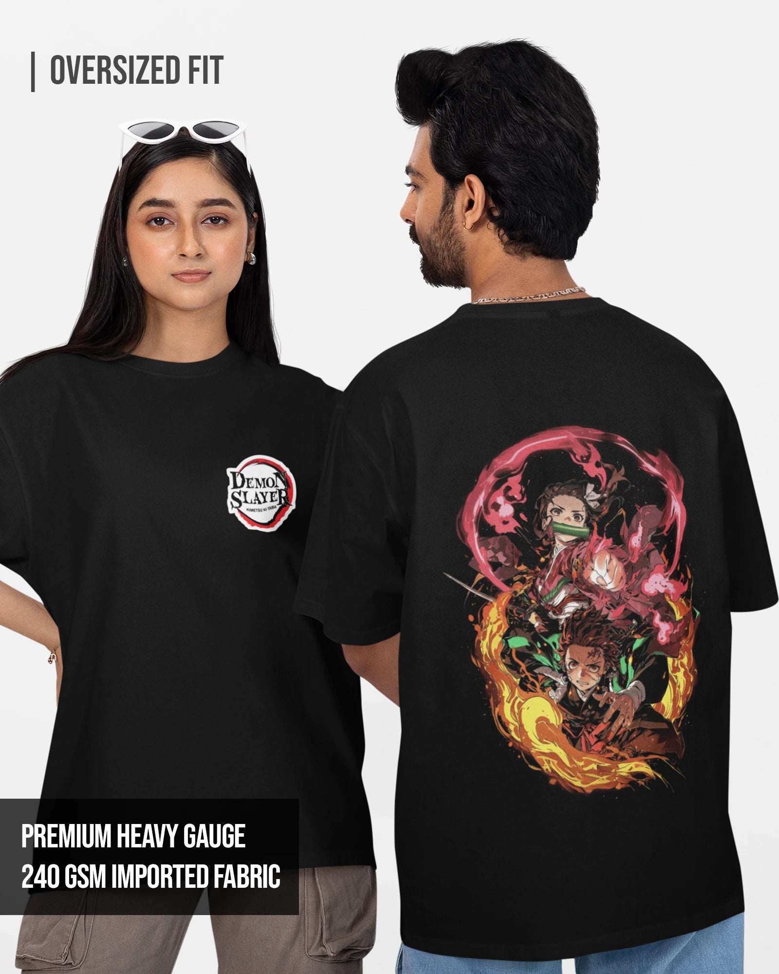 Model wearing black oversized Demon Slayer t-shirt featuring Tanjiro and Nezuko designs, made from 240 GSM cotton.