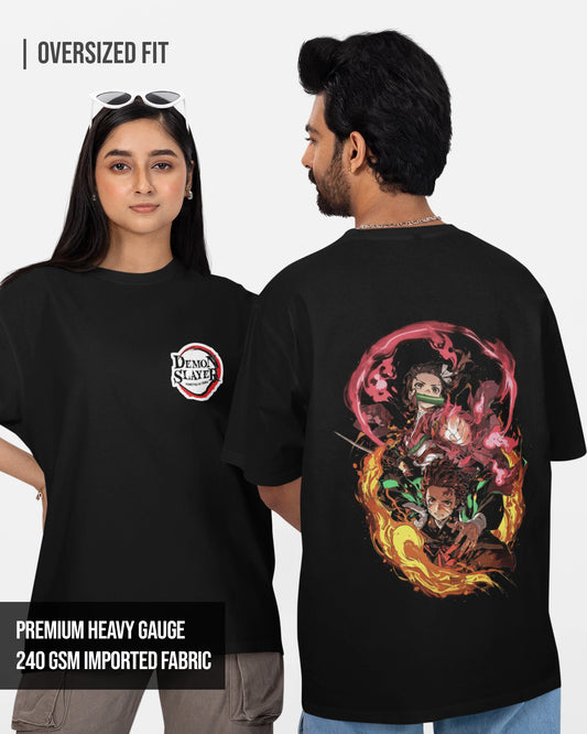Model wearing black oversized Demon Slayer t-shirt featuring Tanjiro and Nezuko designs, made from 240 GSM cotton.