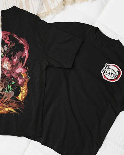 Model wearing black oversized Demon Slayer t-shirt featuring Tanjiro and Nezuko designs, made from 240 GSM cotton.