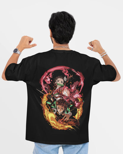 Model wearing black oversized Demon Slayer t-shirt featuring Tanjiro and Nezuko designs, made from 240 GSM cotton.