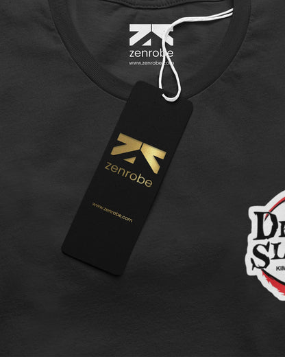 Model wearing black oversized Demon Slayer t-shirt featuring Tanjiro and Nezuko designs, made from 240 GSM cotton.