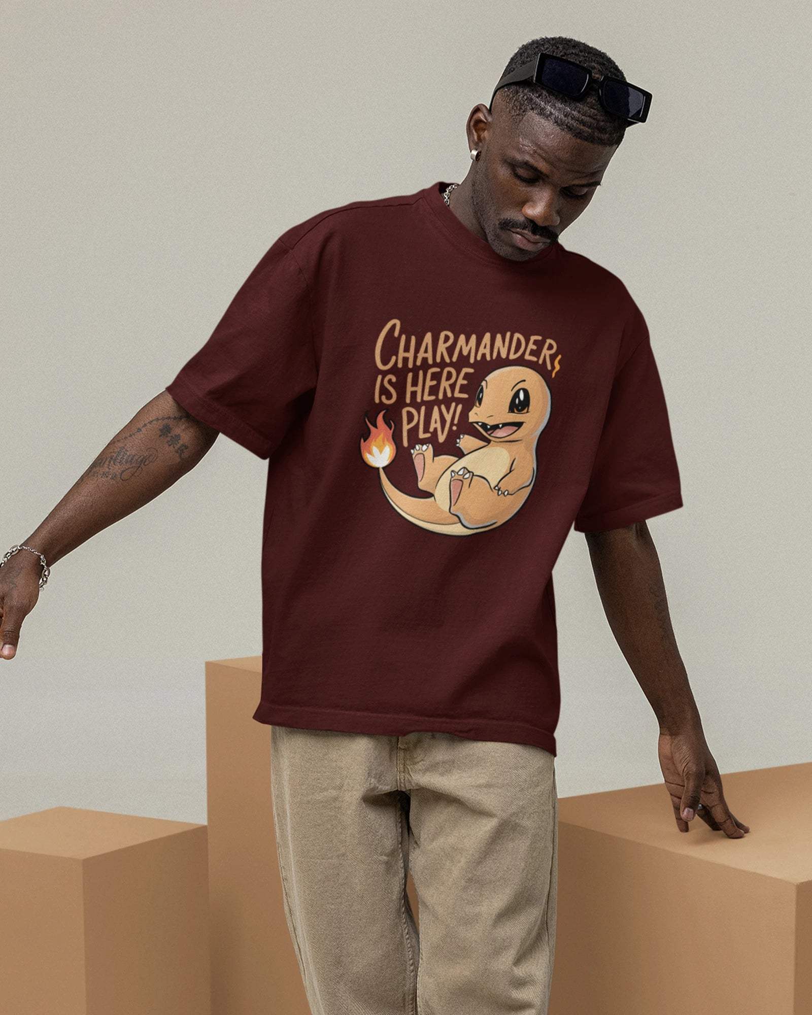 Charmander Pokémon Oversized Unisex Tshirt - zenrobe -  Maroon-XXL -  799.00