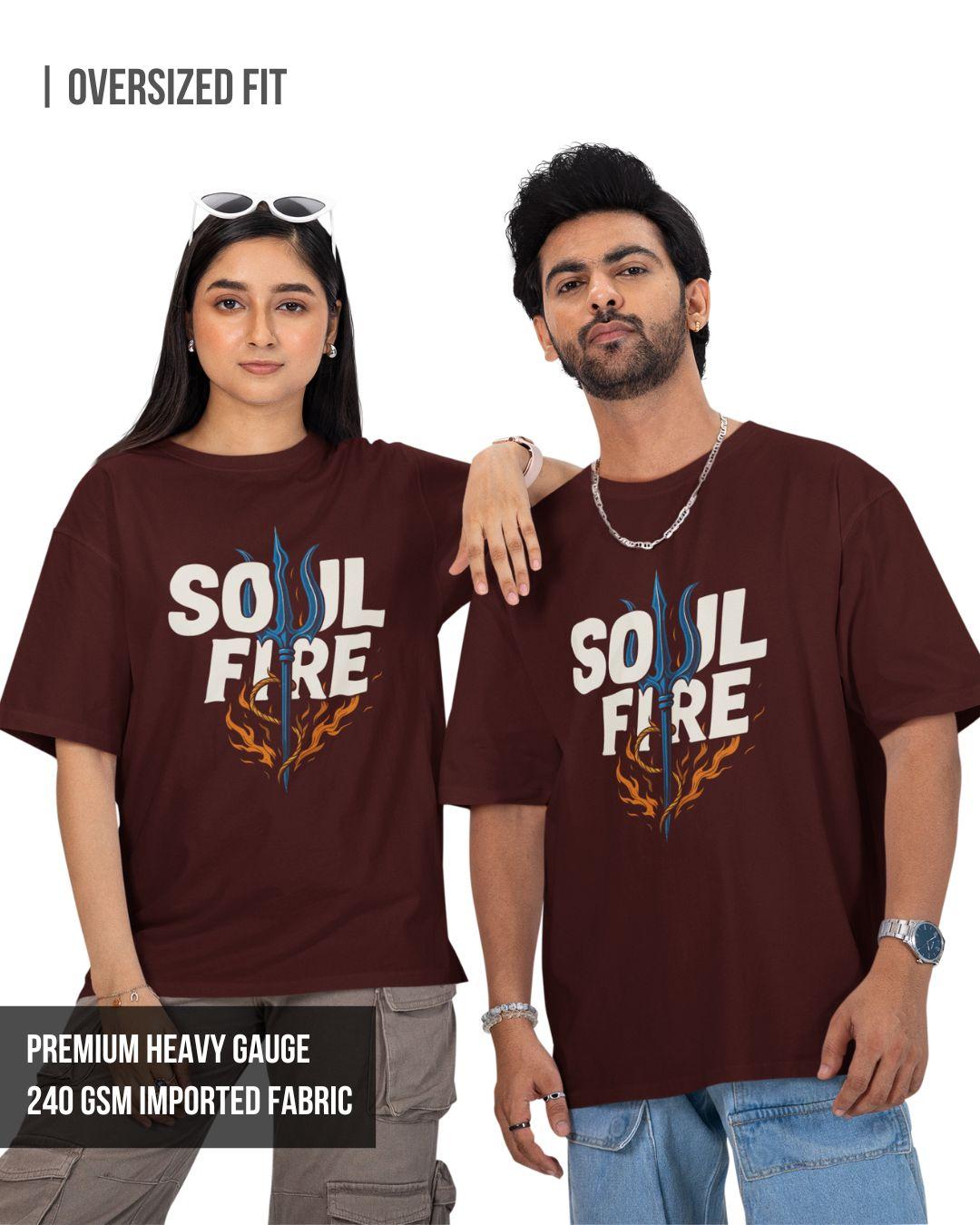Two people wearing brown 'Soul Fire' t-shirts on a white background