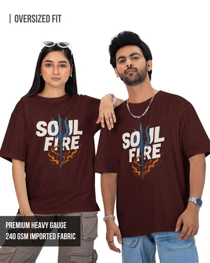 Two people wearing brown 'Soul Fire' t-shirts on a white background