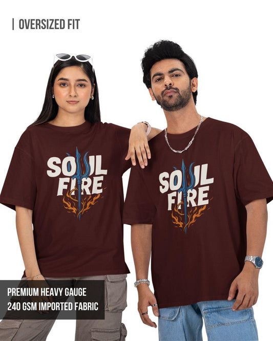 Two people wearing brown 'Soul Fire' t-shirts on a white background