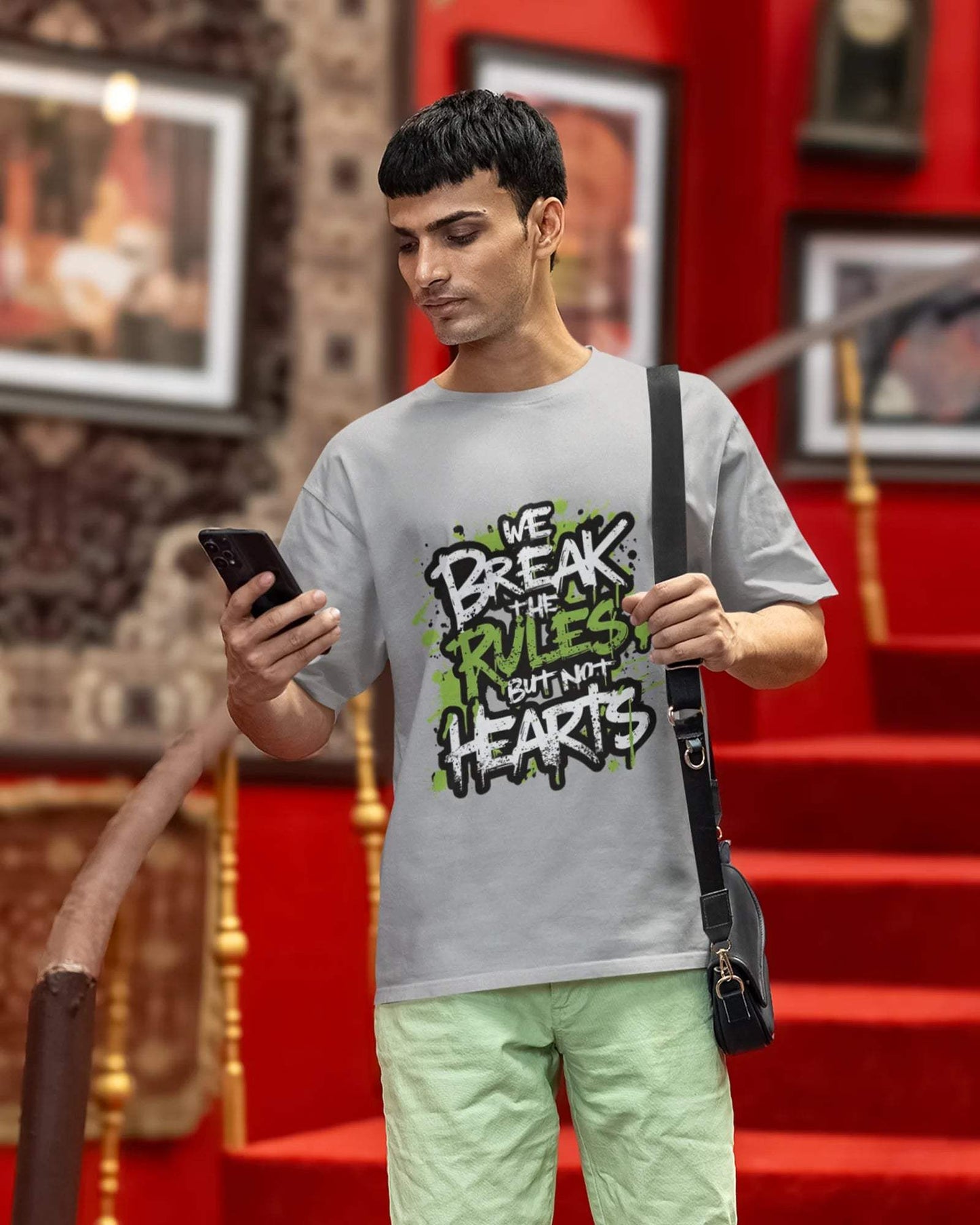 Break Rules Not Hearts Men's Oversized Tshirt - zenrobe- Grey-Melange-XXL- 799.00