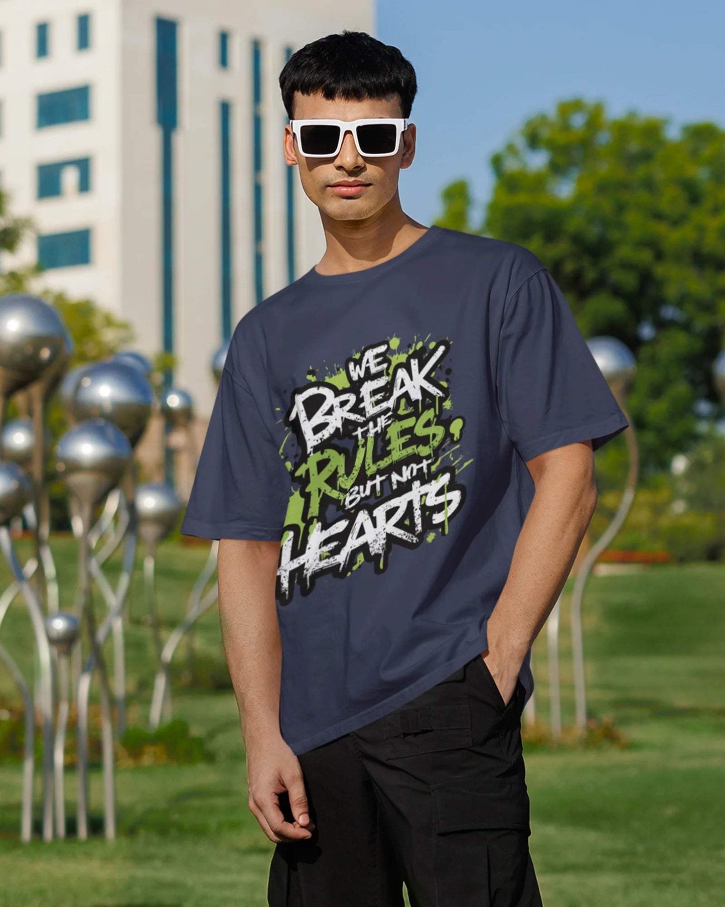 Break Rules Not Hearts Men's Oversized Tshirt - zenrobe- Navy-Blue-XXL- 799.00