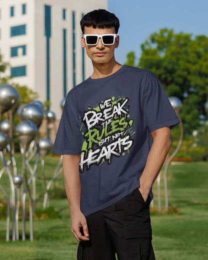 Break Rules Not Hearts Men's Oversized Tshirt - zenrobe- Navy-Blue-XXL- 799.00