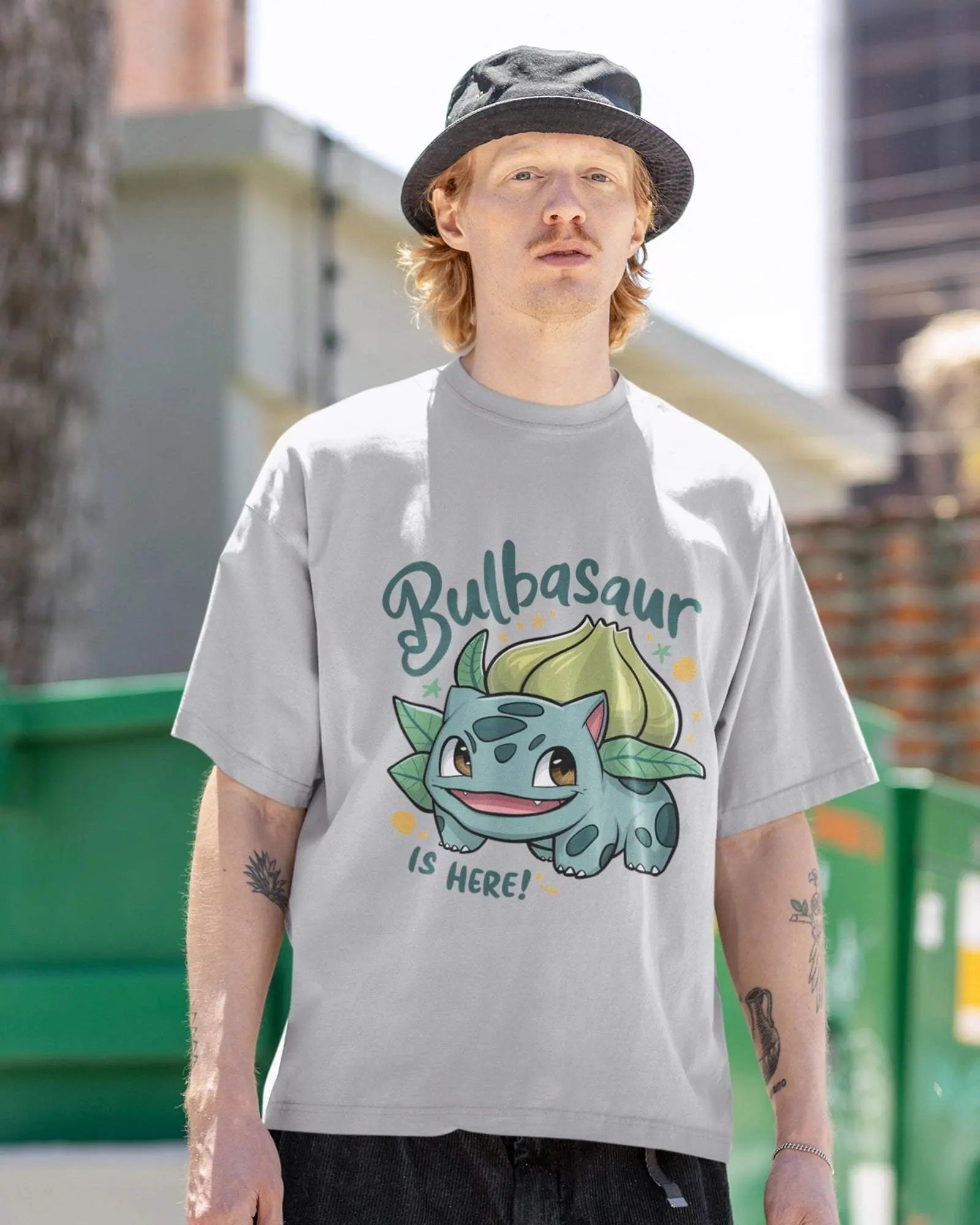 Bulbasaur Pokémon Oversized Unisex Tshirt - zenrobe -  Grey-Melange-XXL 