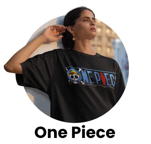 Two models wearing one piece graphic t-shirts from Zenrobe's One Piece Collection, trendy unisex anime apparel.