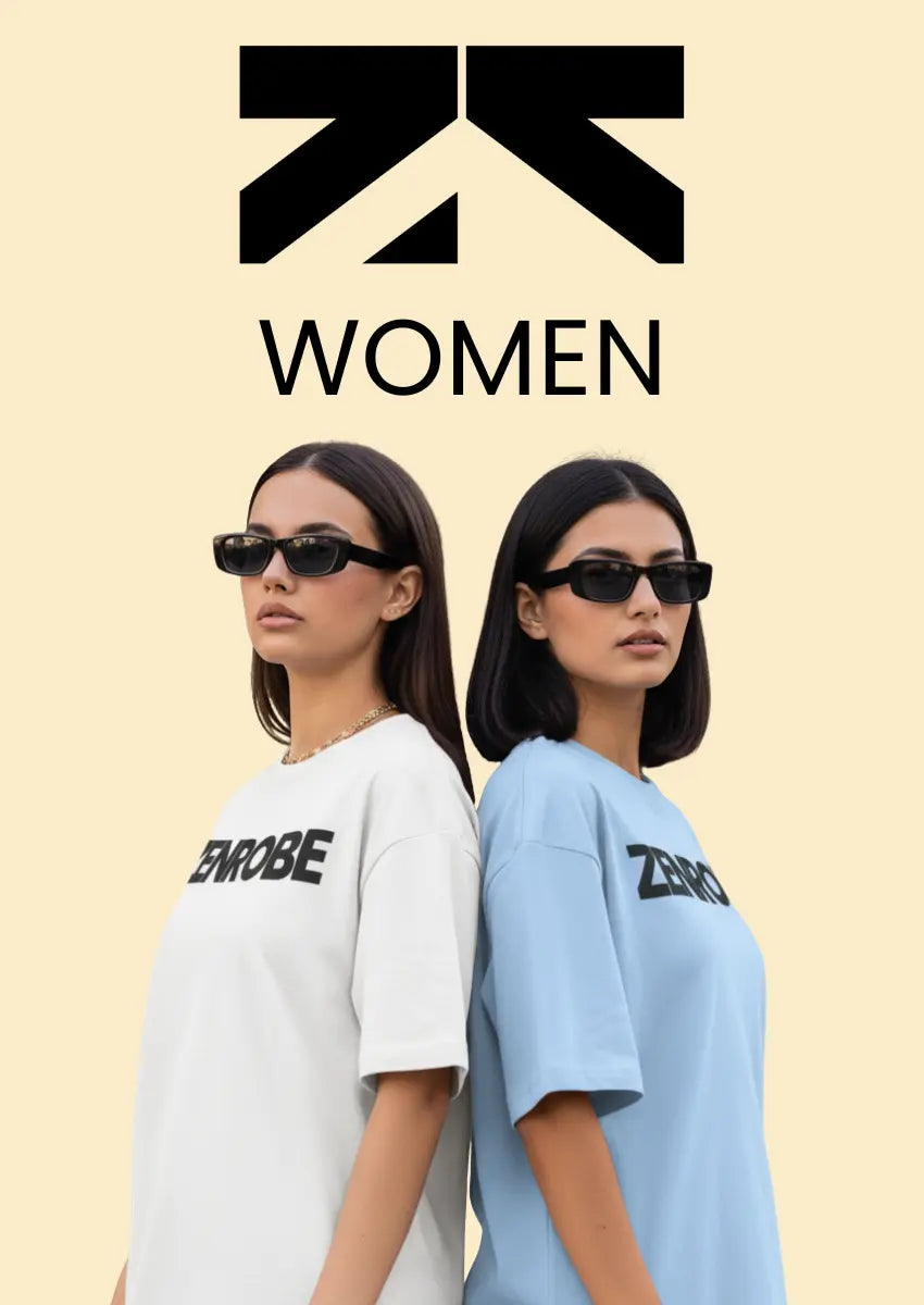 Two women stand back-to-back, one wearing a blush pink and one a white t-shirt. The Zenrobe logo and 