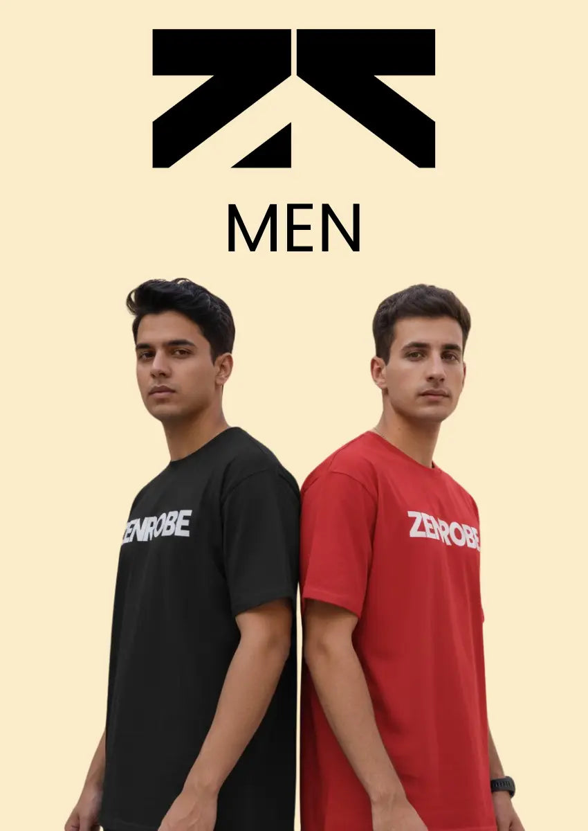 Two men stand back-to-back, one wearing a white and one a coral t-shirt. The Zenrobe logo and 