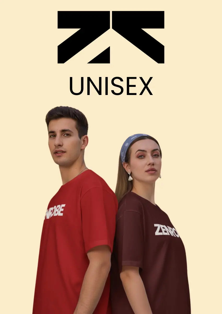 A man and a woman stand back-to-back, showcasing a variety of unisex clothing items from the Zenrobe collection, in a range of colours and styles. The Zenrobe logo and 