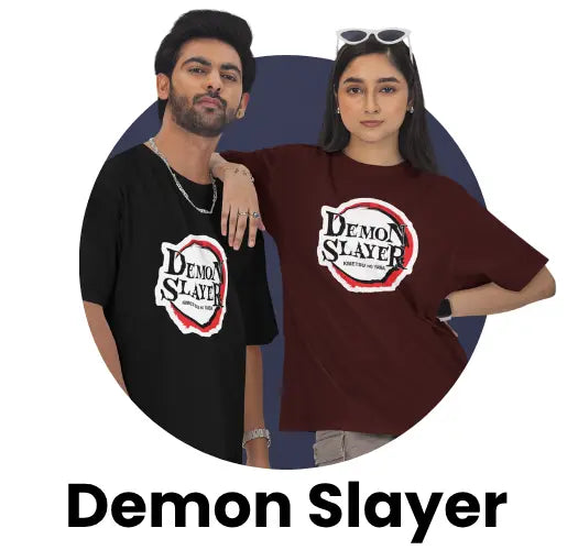 Two models wearing demon slayer graphic t-shirts from Zenrobe's demon slayerCollection, trendy unisex anime apparel.