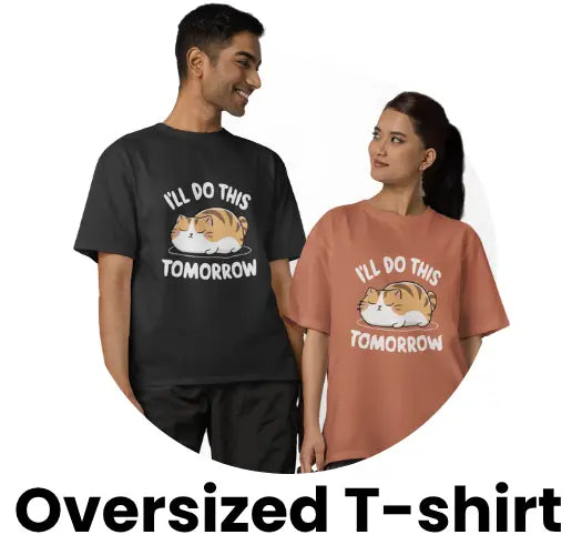 Two models wearing graphic t-shirts from Zenrobe's Oversized Tshirt Collection, trendy unisex apparel.
